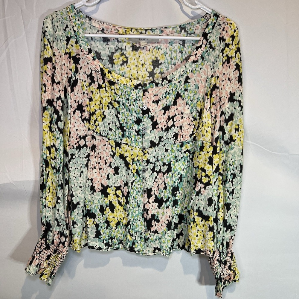 Loft Garden Smocked Cuff Square‎ Neckline Blouse Womens XSmall XS Floral Chic
